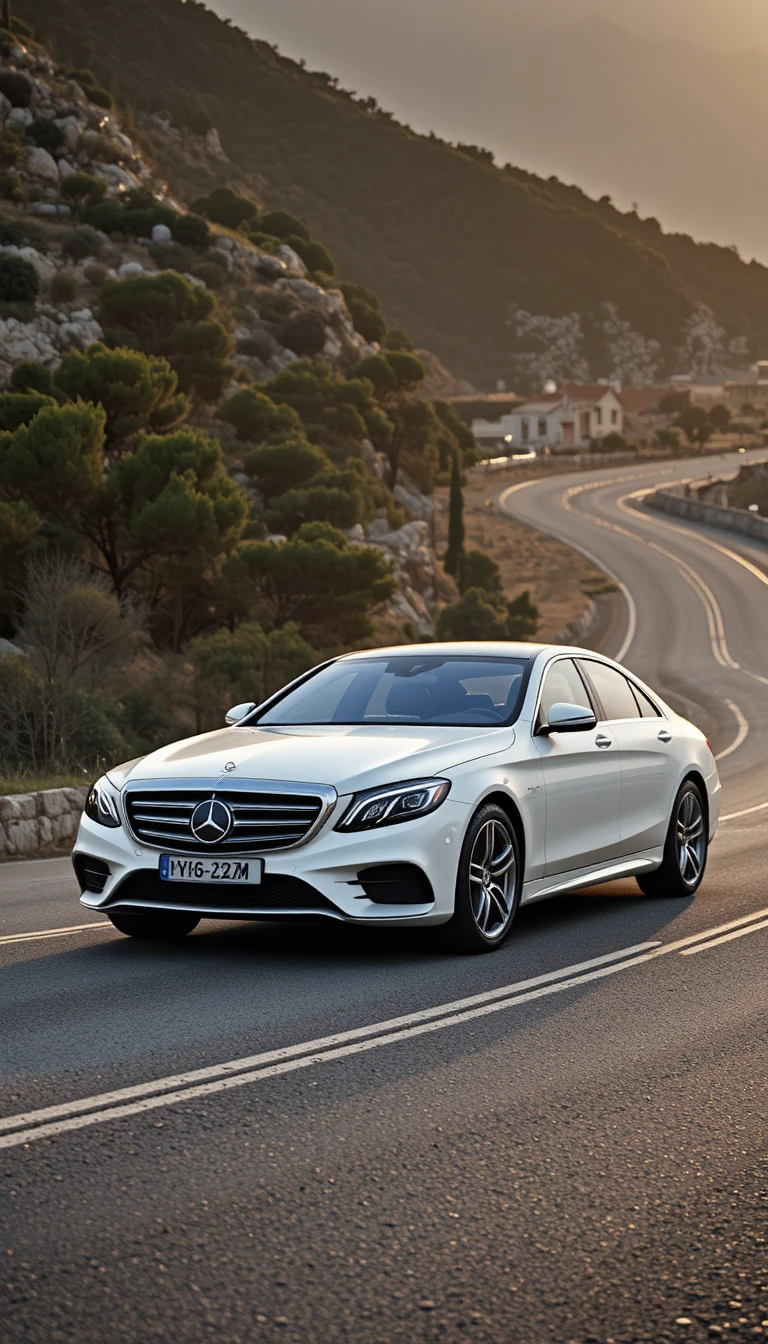 White luxury car on a winding coastal road at sunset