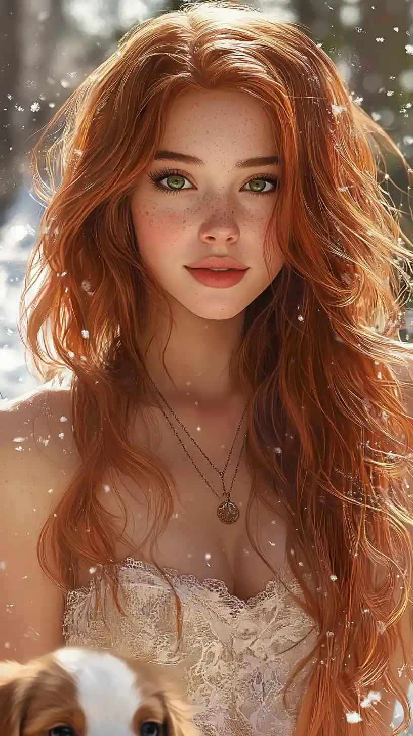 Freckled redhead girl in a boho dress in snowy forest