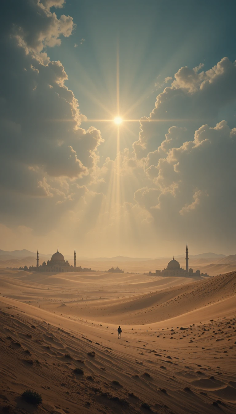 Ancient desert under soft celestial light and calm atmosphere
