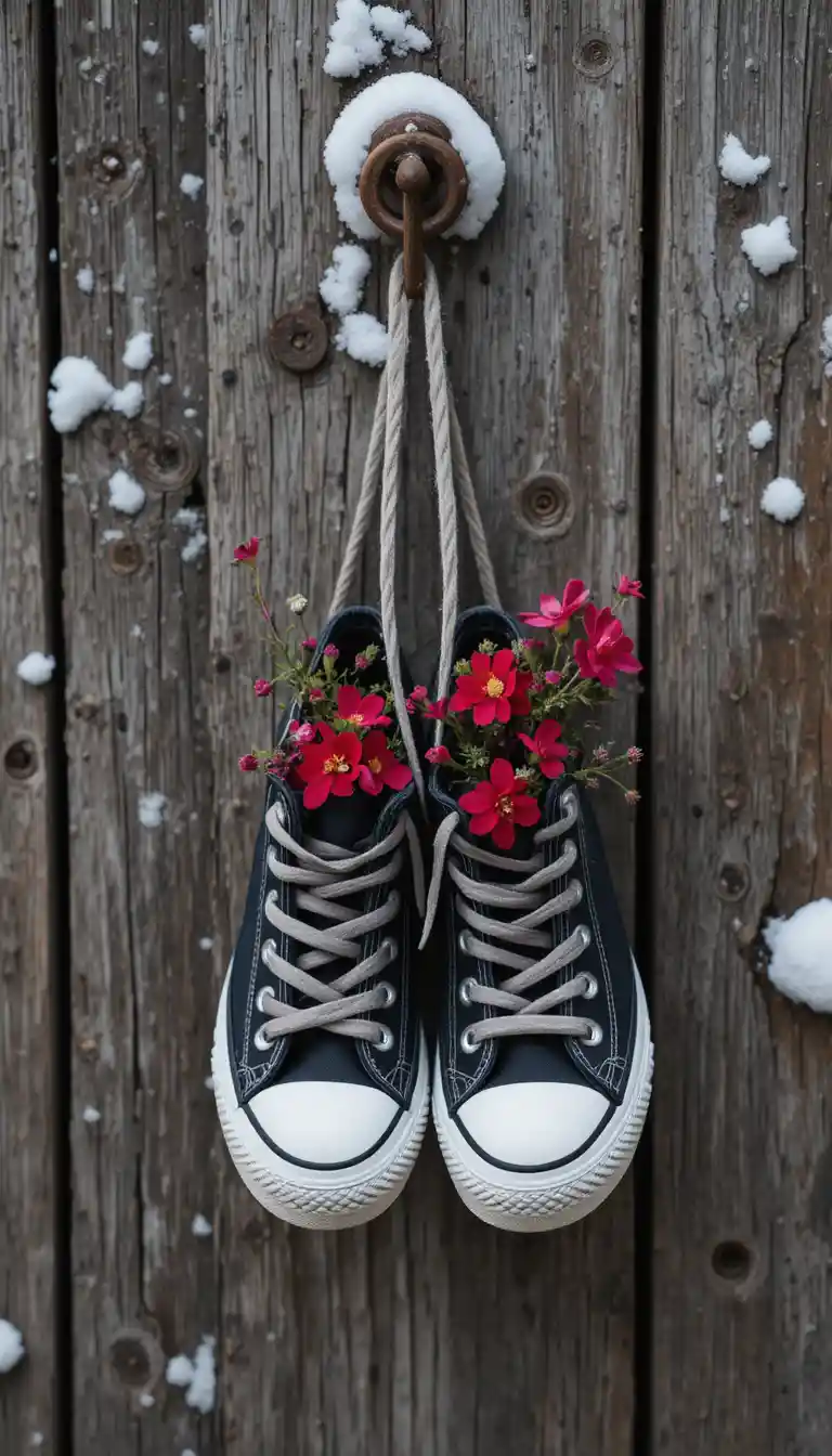 Black sneakers filled with red flowers on snowy wooden wall