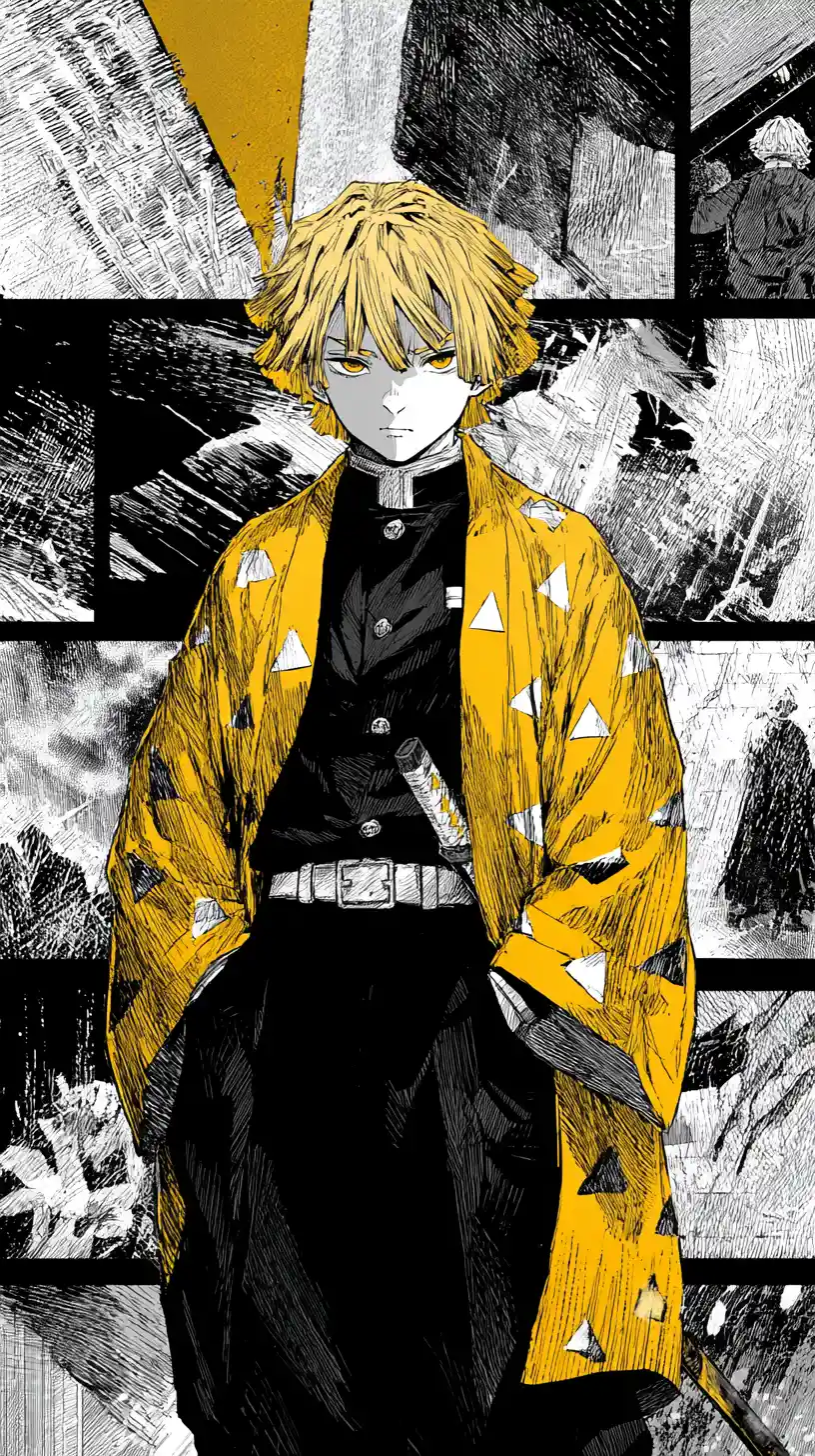 Intense anime swordsman in yellow haori with dramatic shadows