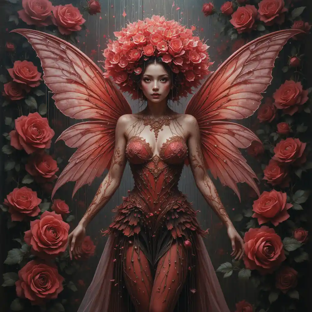 Rembrandt style fairy woman merging with red rose