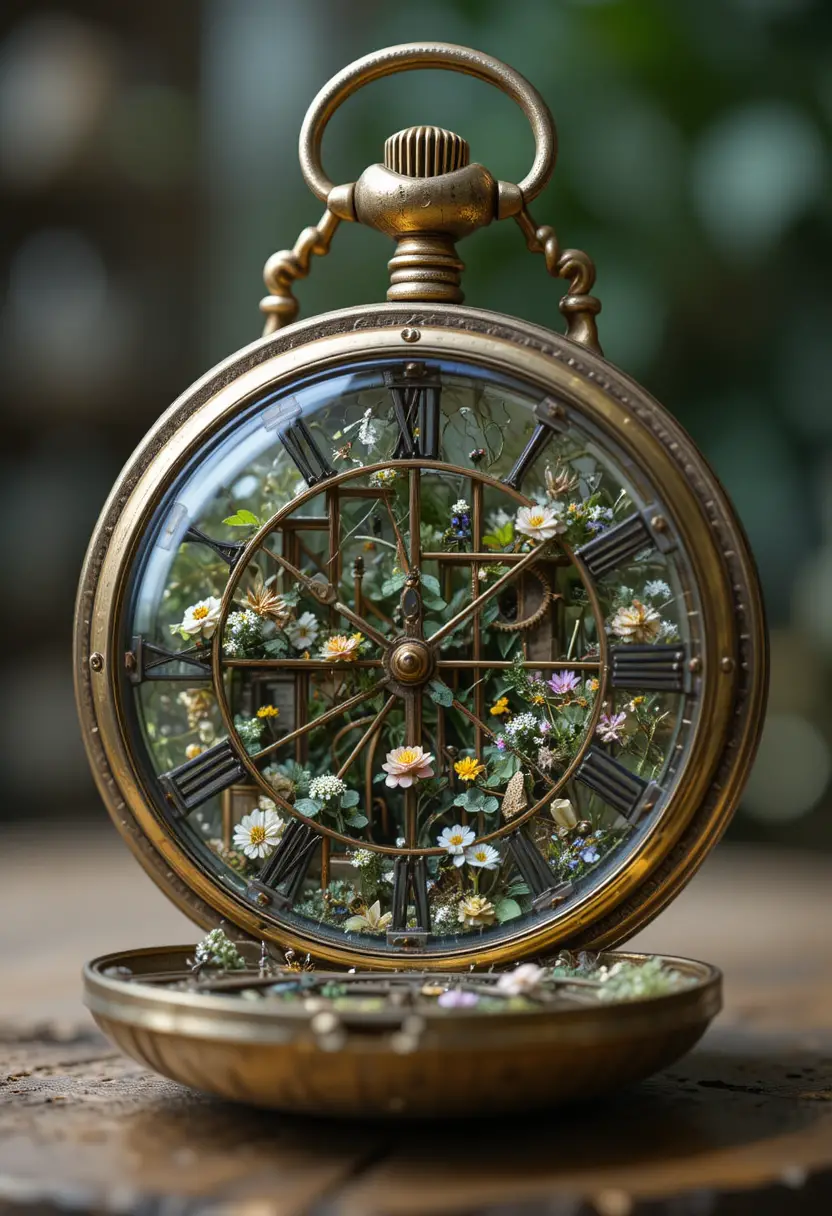 Vintage-Taschenuhr, die sich in ein winziges Glashaus öffnet