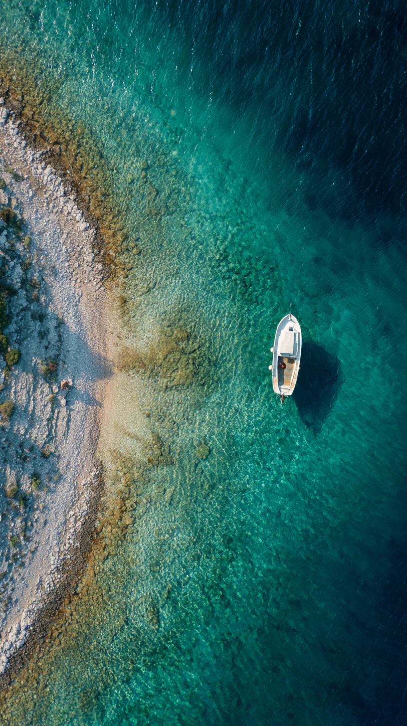 Overhead view of a calm Croatian coastal bay with boat
