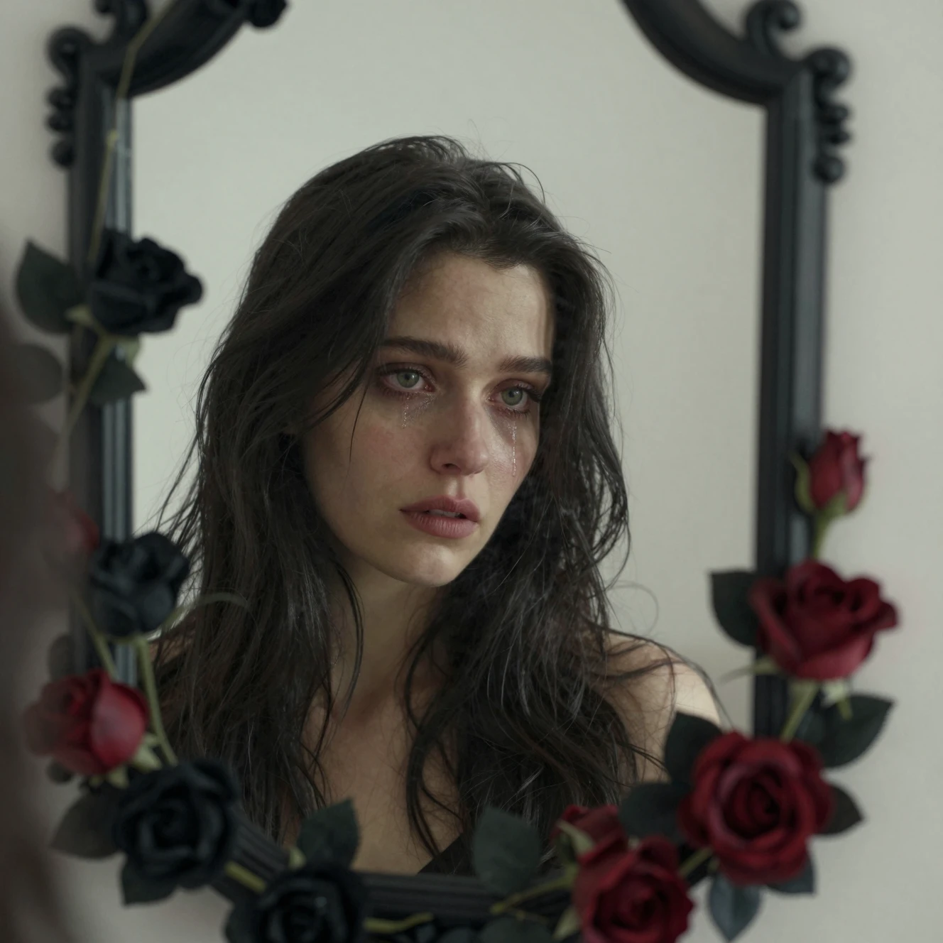 Sad woman reflected in a vine wrapped black mirror