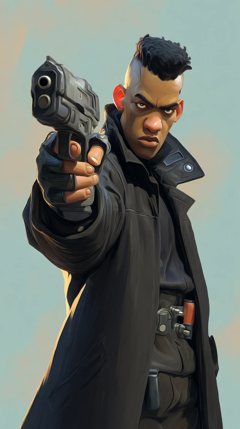 Cyberpunk cyborg hero aiming a handgun in dynamic motion