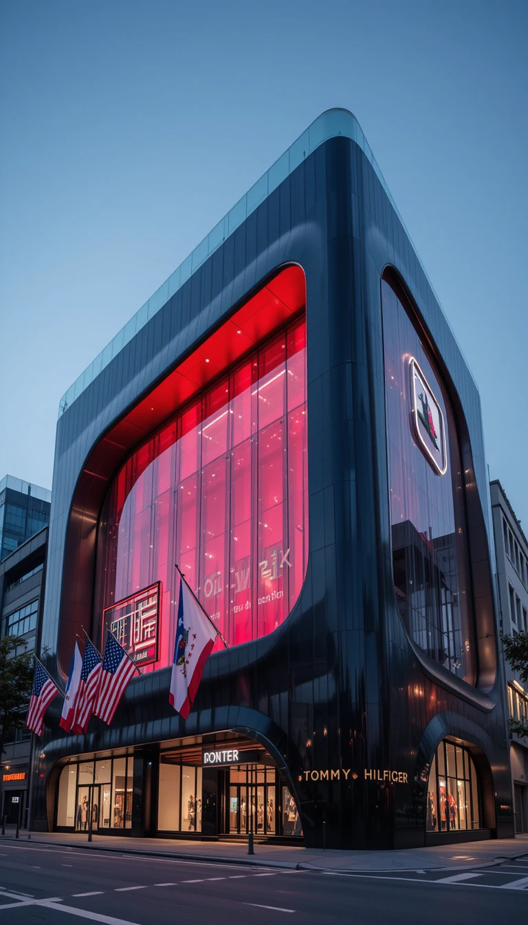 Futuristic flagship store with bold illuminated facade