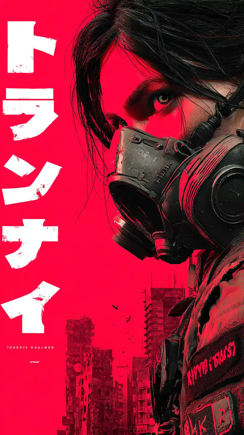 Masked cyberpunk woman in red dystopian city close up