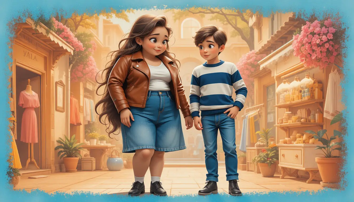 Tall girl and small boy friends on a colorful street