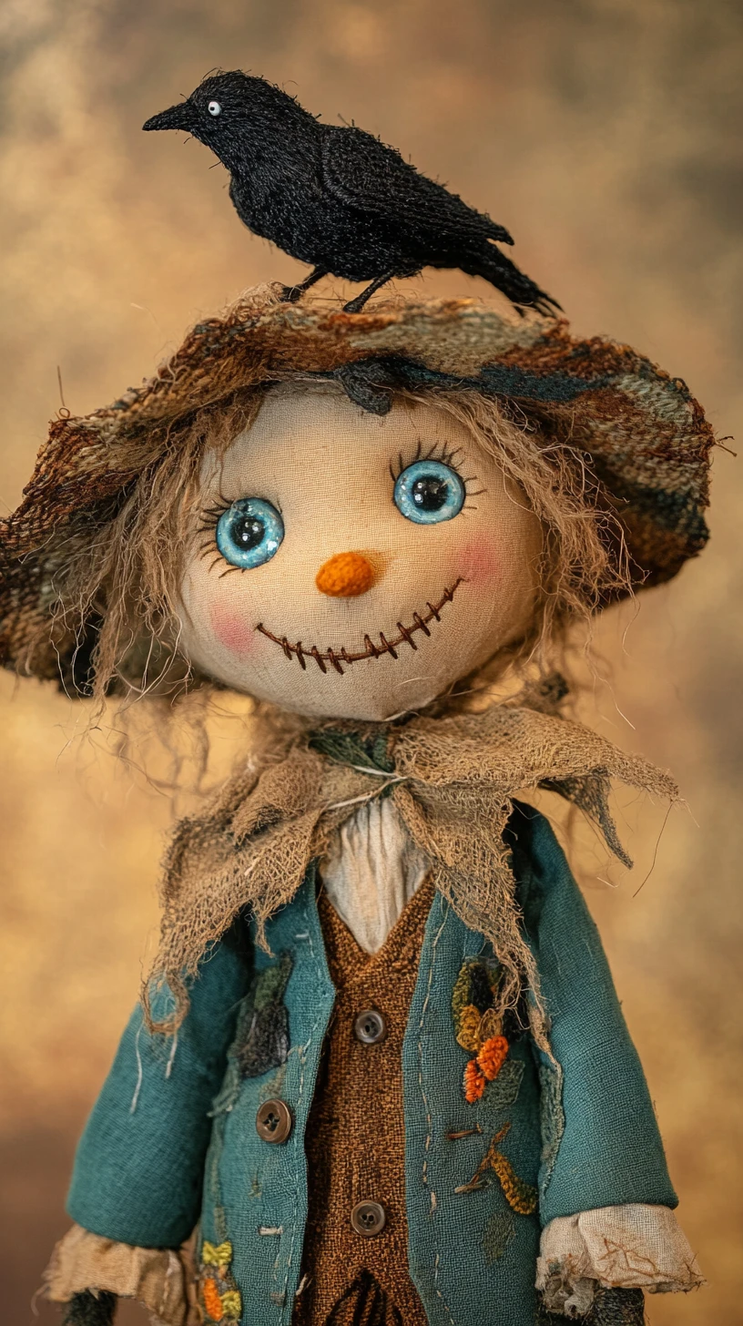 Heartwarming scarecrow portrait with raven on patched hat