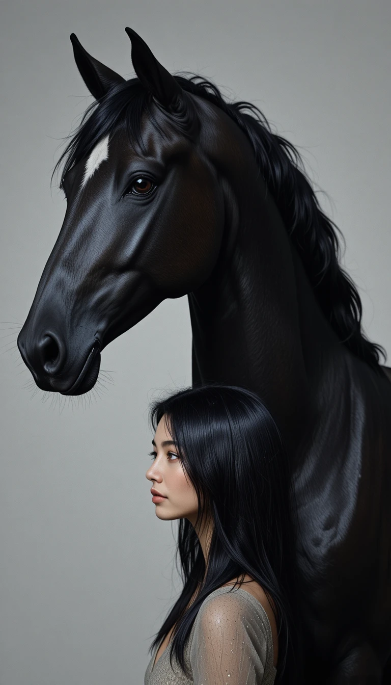 Close up film portrait of a proud black Spanish horse