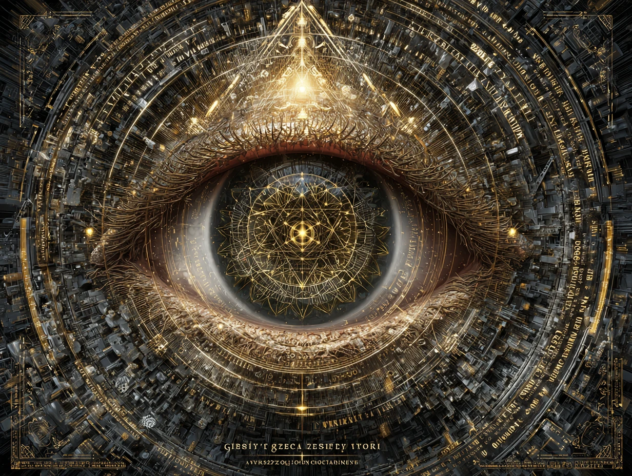 Colossal flaming eye with exploding sacred geometry matrix