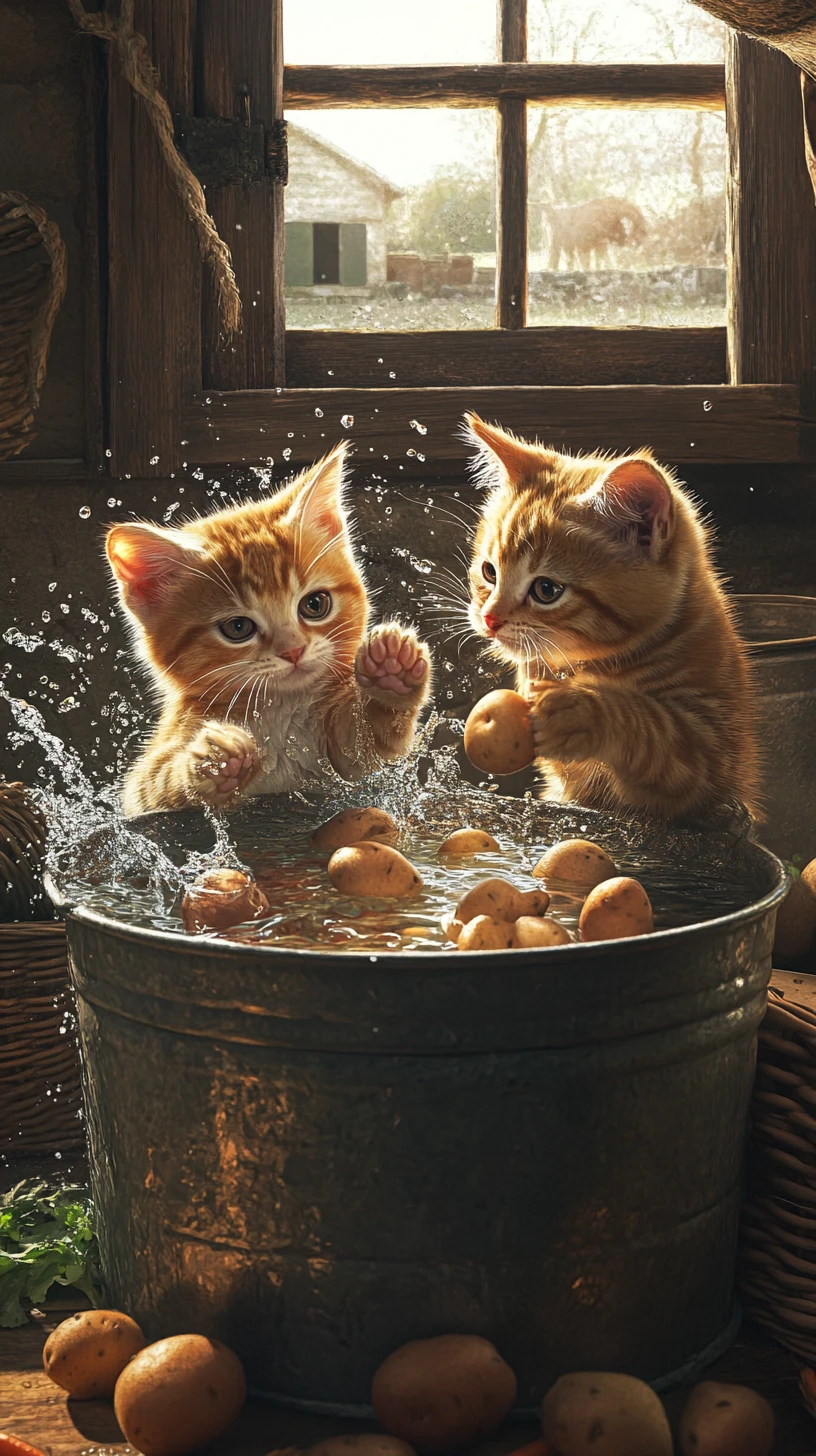 Dos gatos naranjas jugando junto a una bañera rústica de granja
