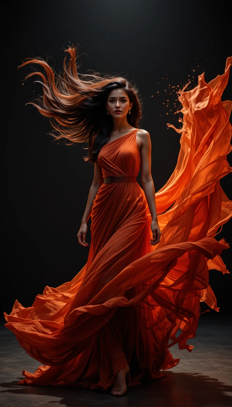 Defiant indian model in flowing crimson chiffon dress