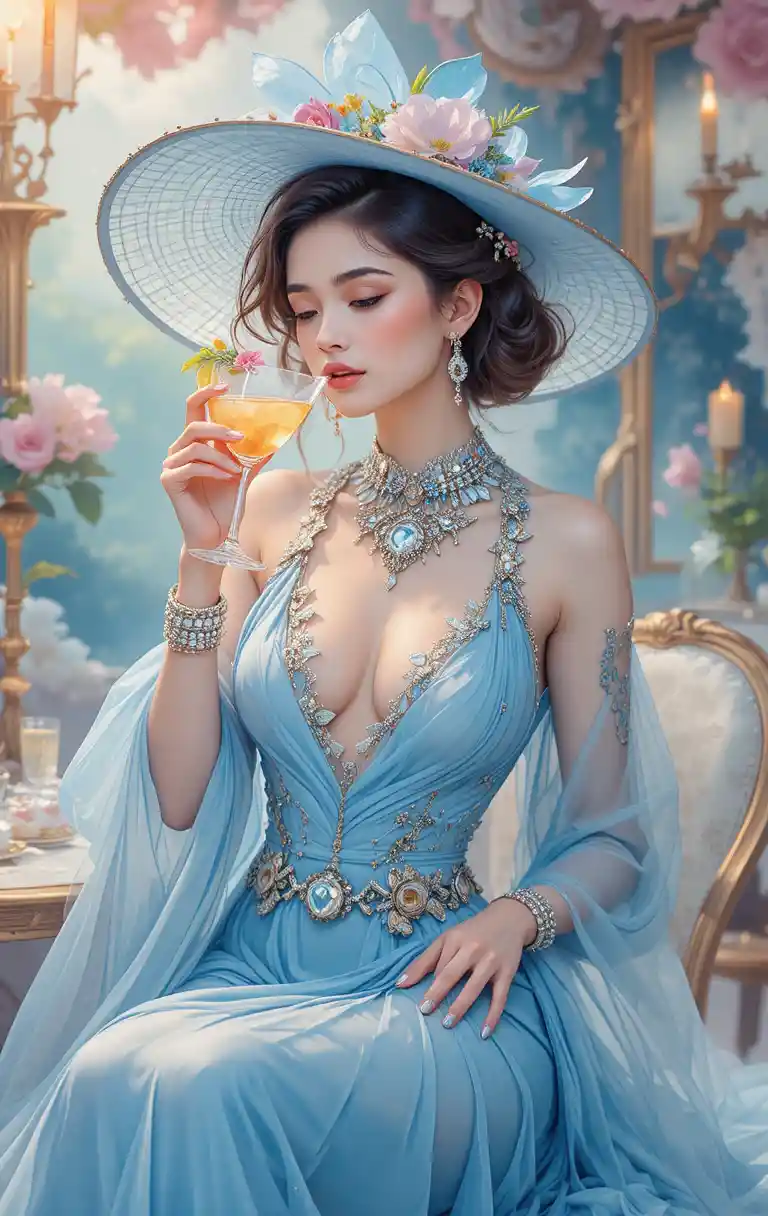 Chic woman in pastel blue sipping a cocktail illustration