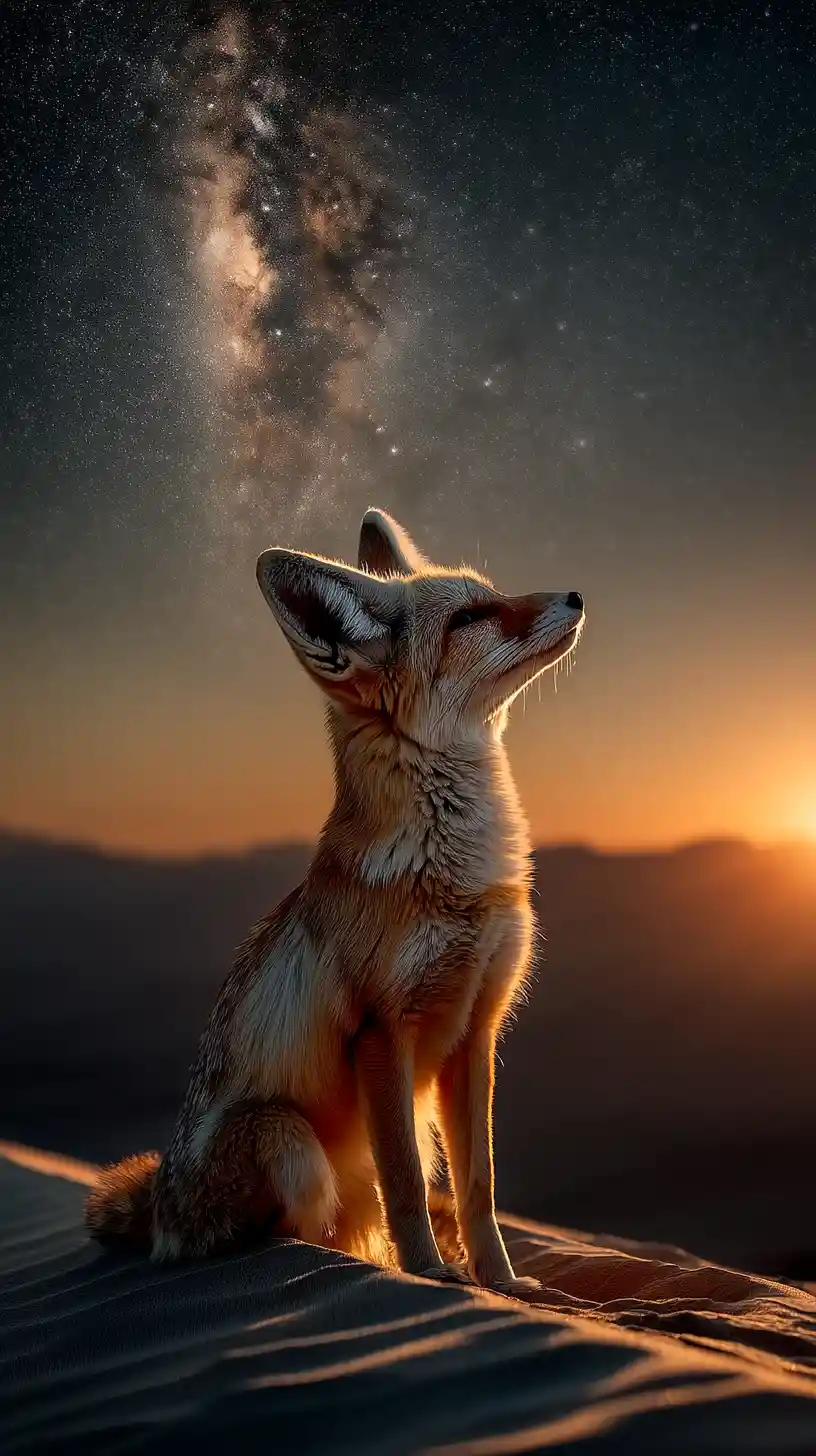 Fennec fox sitting on a moonlit sand dune crest