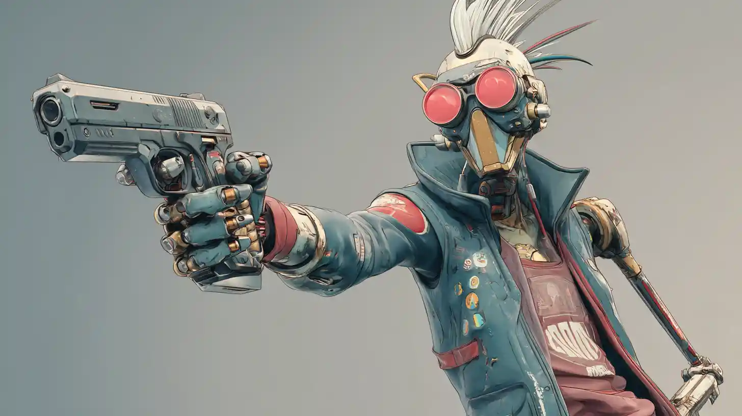 Cyberpunk cyborg aiming a handgun in dynamic 2D action