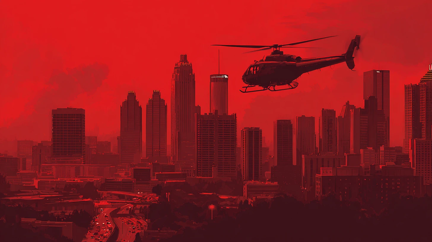 Auto della polizia ed elicottero sopra lo skyline di Atlanta