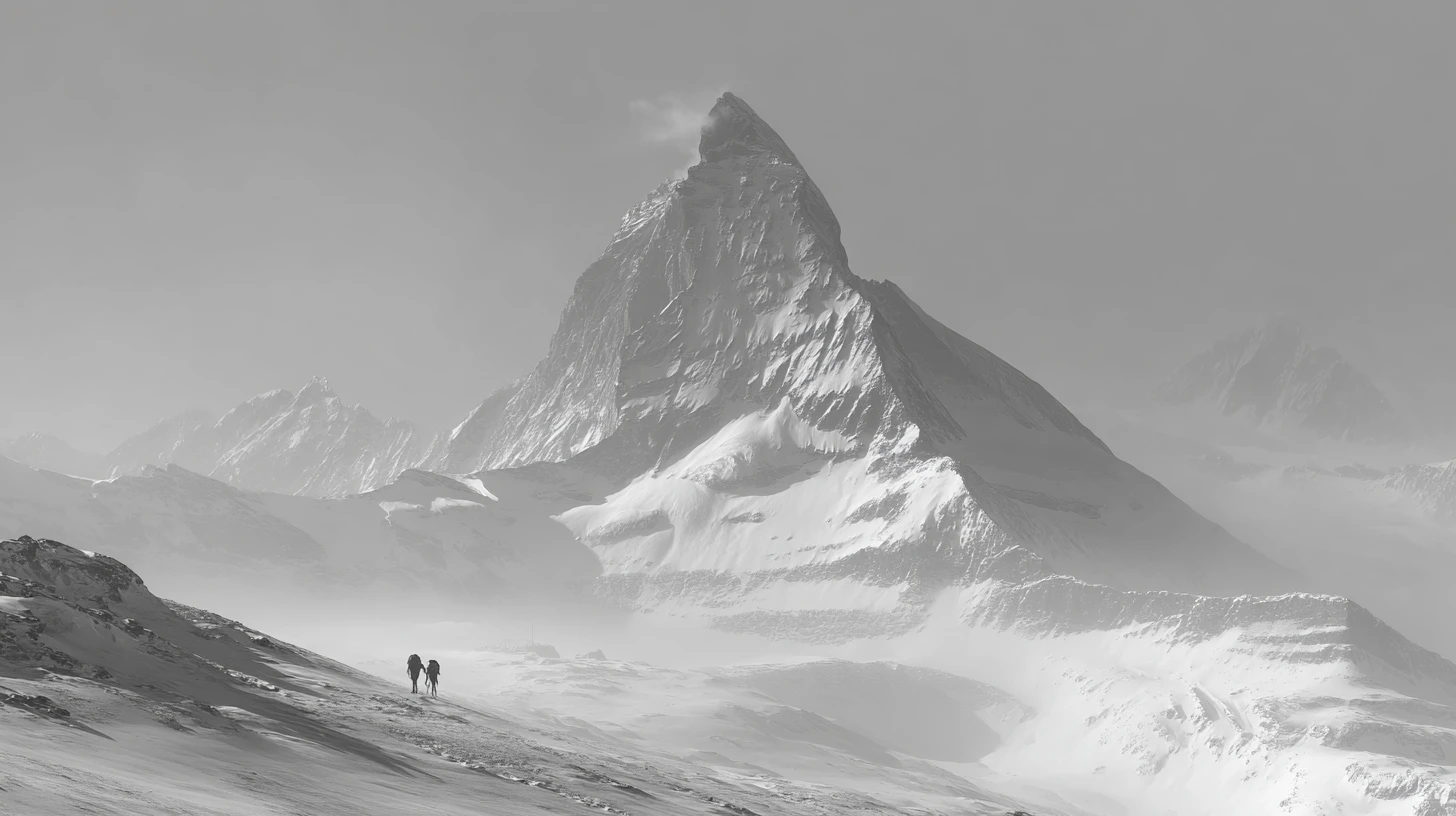 Distant aliens watching a snowy Zermatt mountain landscape