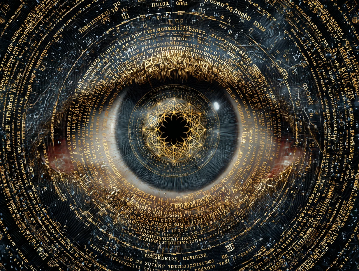 Burning sacred eye fused with explosive cosmic geometry