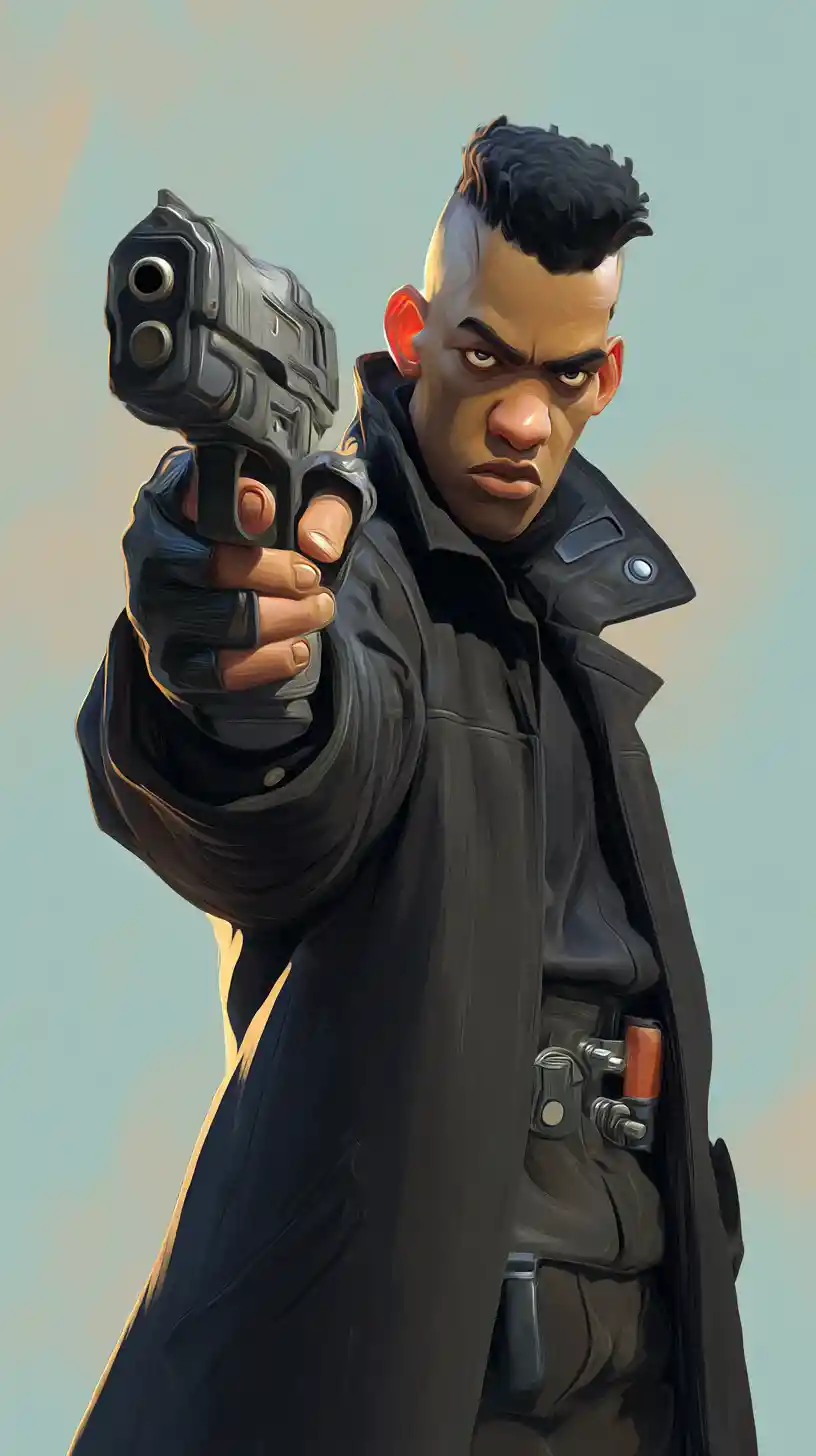 Eroe cyborg cyberpunk che mira con una pistola in movimento dinamico