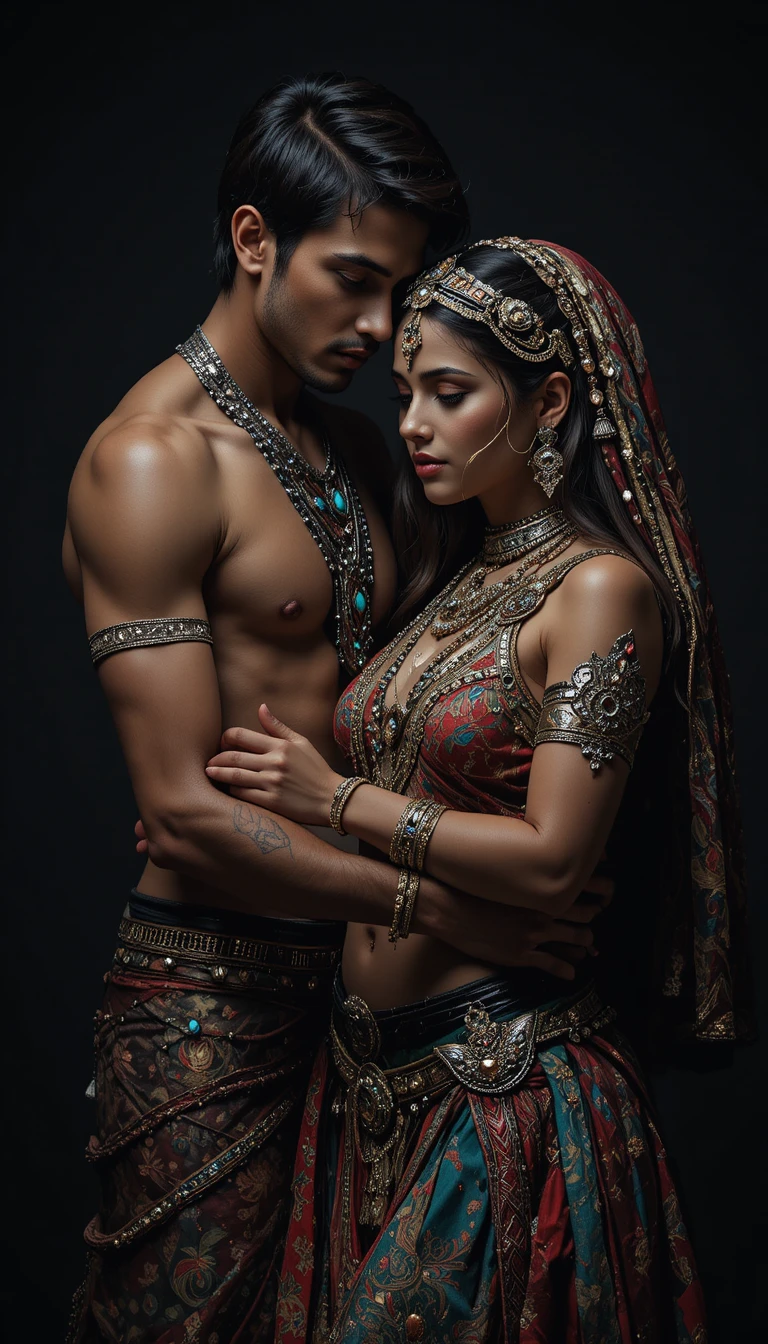 Intimate couple embrace with ornate cultural jewelry