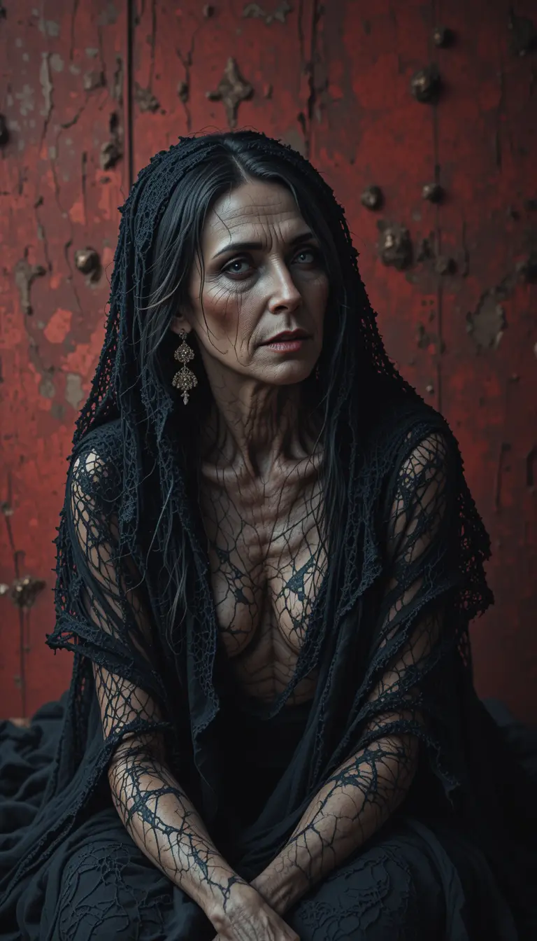 Decrepit crone in black lace against worn crimson backdrop