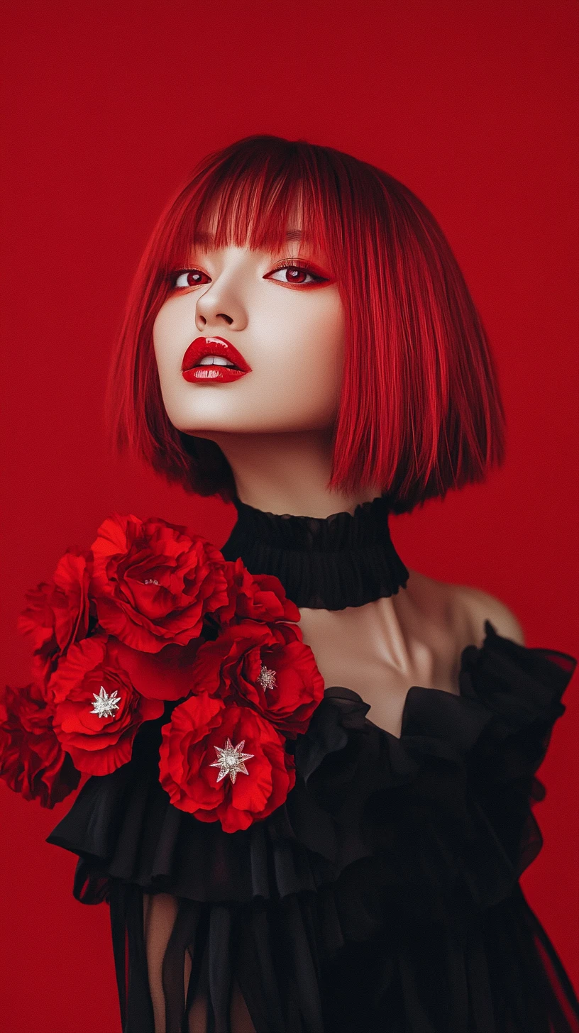 Femme d’anime stylée en robe noire sur fond rouge vif
