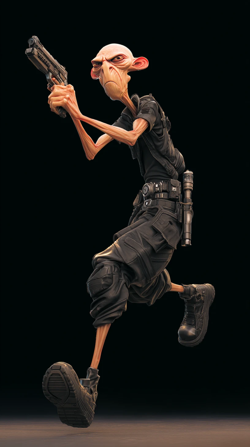 Cyborg warrior in dynamic pose with futuristic handgun