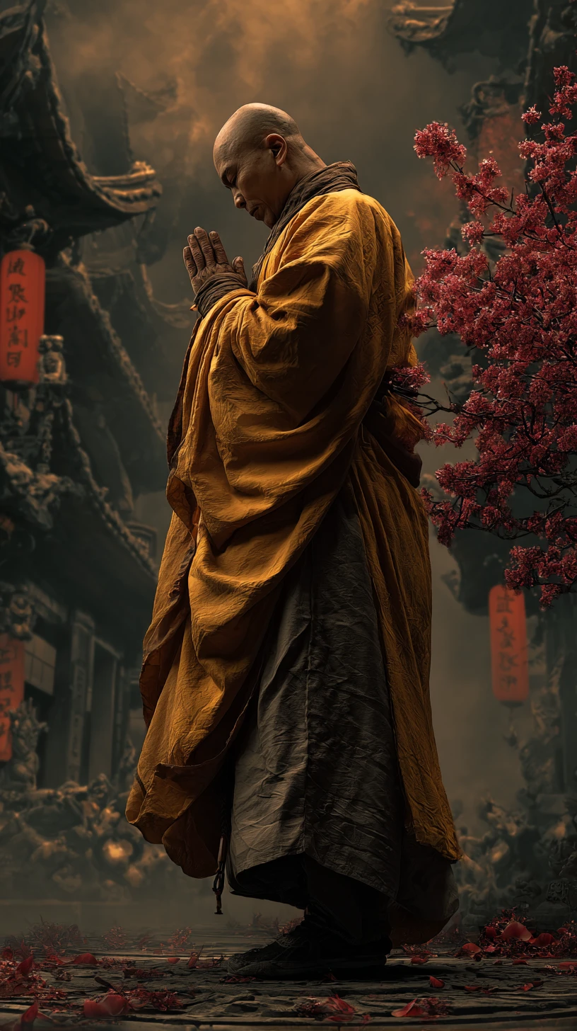 Shaolin monk meditating in temple courtyard at sunset