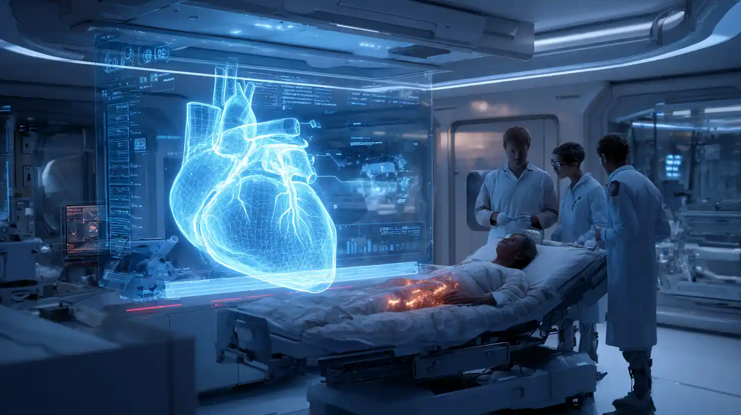 Futuristic hospital room with holographic patient heart display