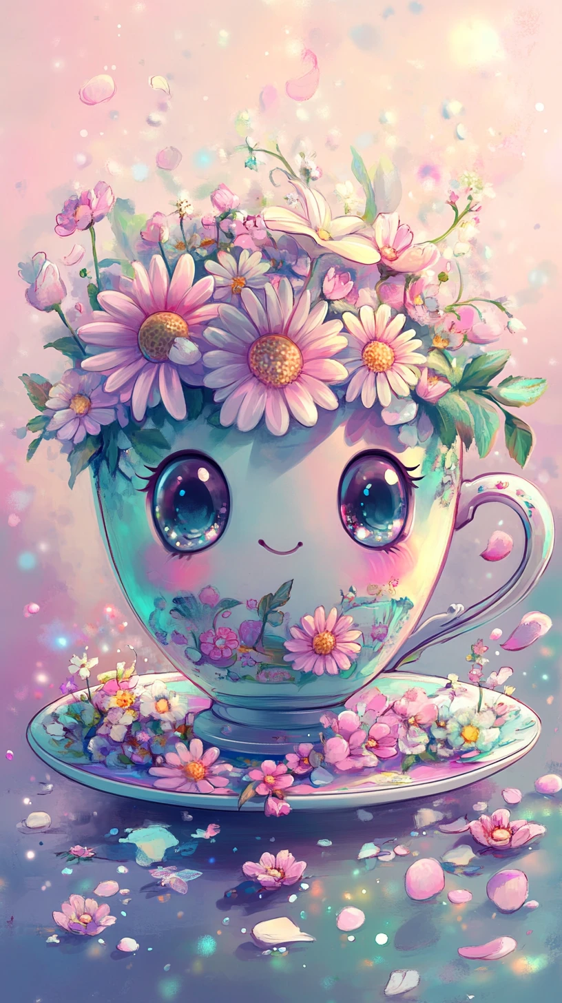 Cute floral teacup with wide eyed blossoms in pastel colors