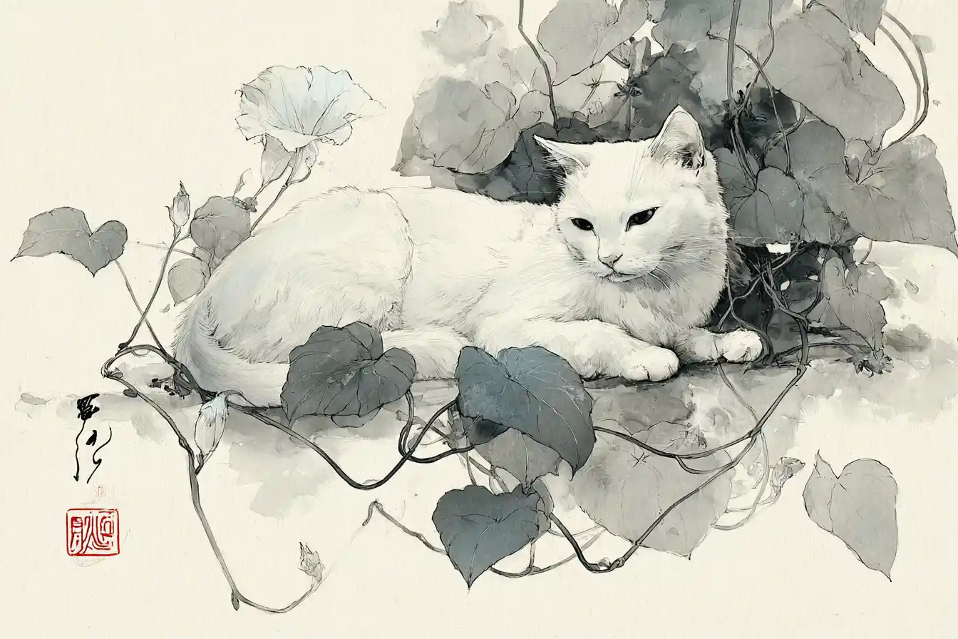 White cat in ink painting with morning glory flowers