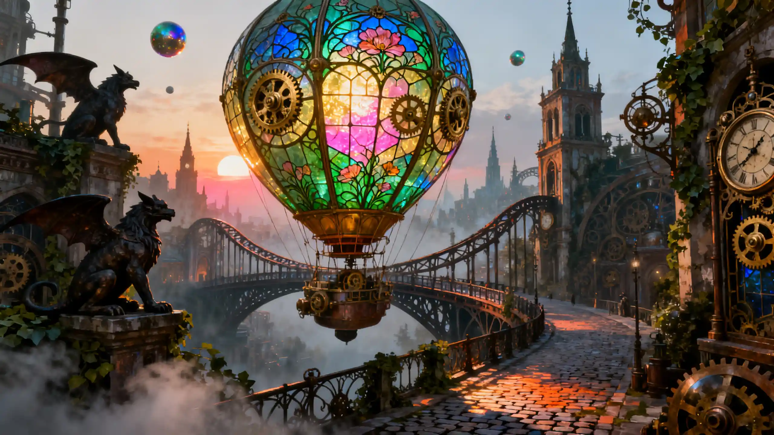 Surreal hot air balloon over a fantasy steampunk city