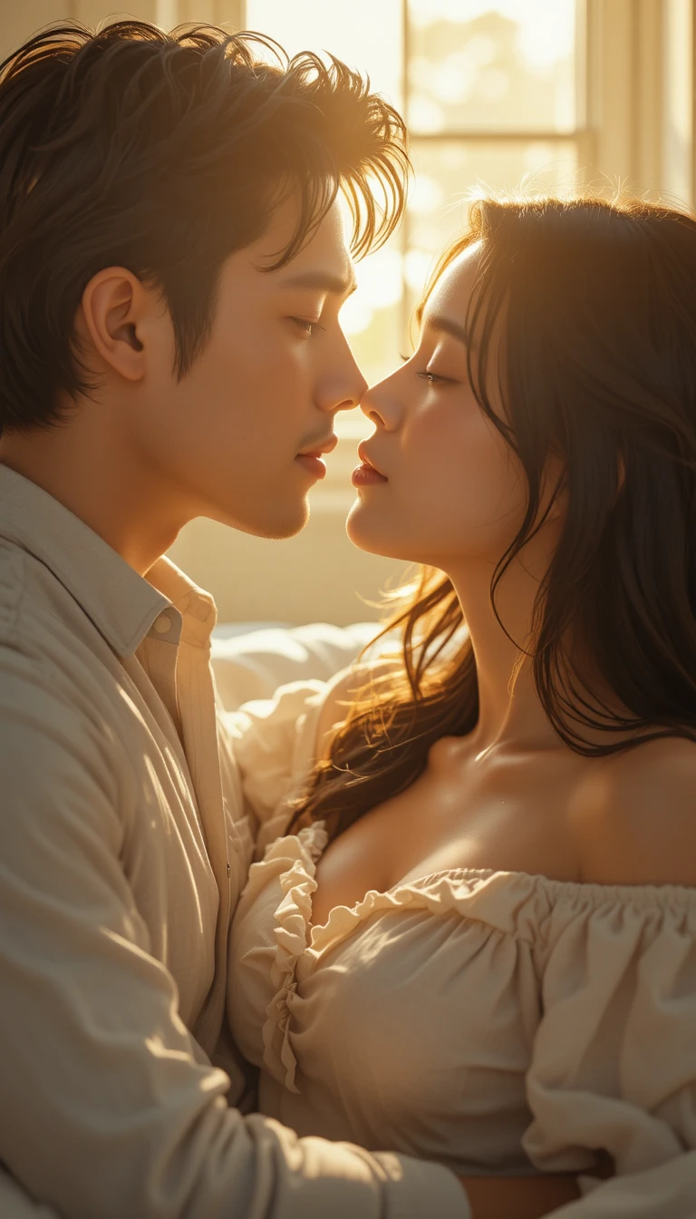 Romantic couple about to kiss in soft morning light
