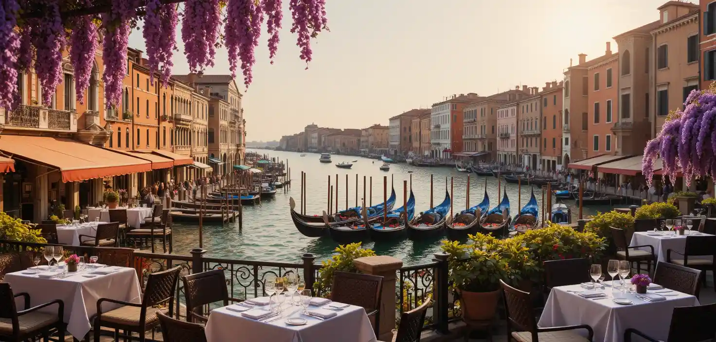 Romantic restaurant terrace overlooking the Grand Canal in Venice