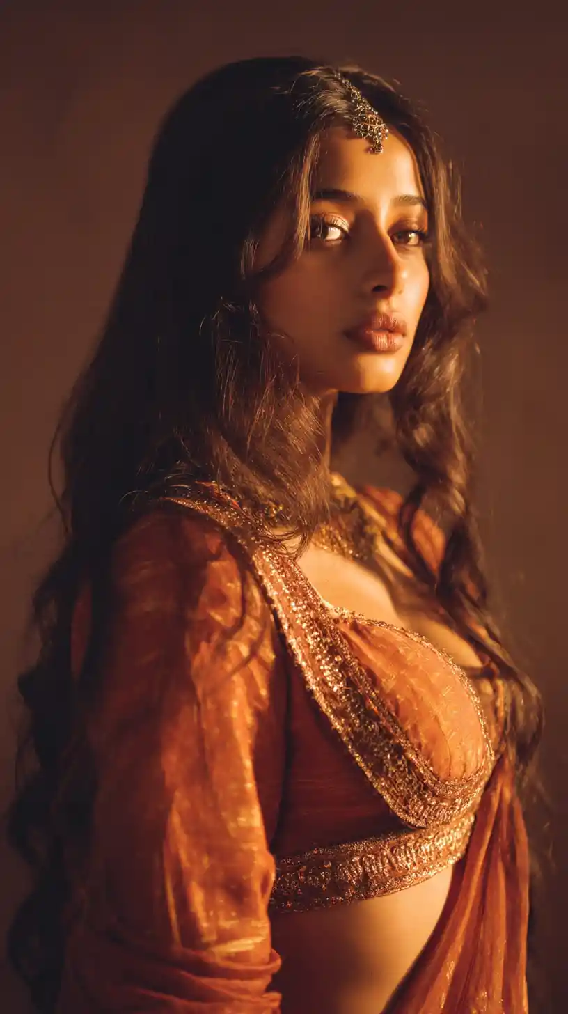 Cinematic portrait of a goddess like Indian woman in gold tones