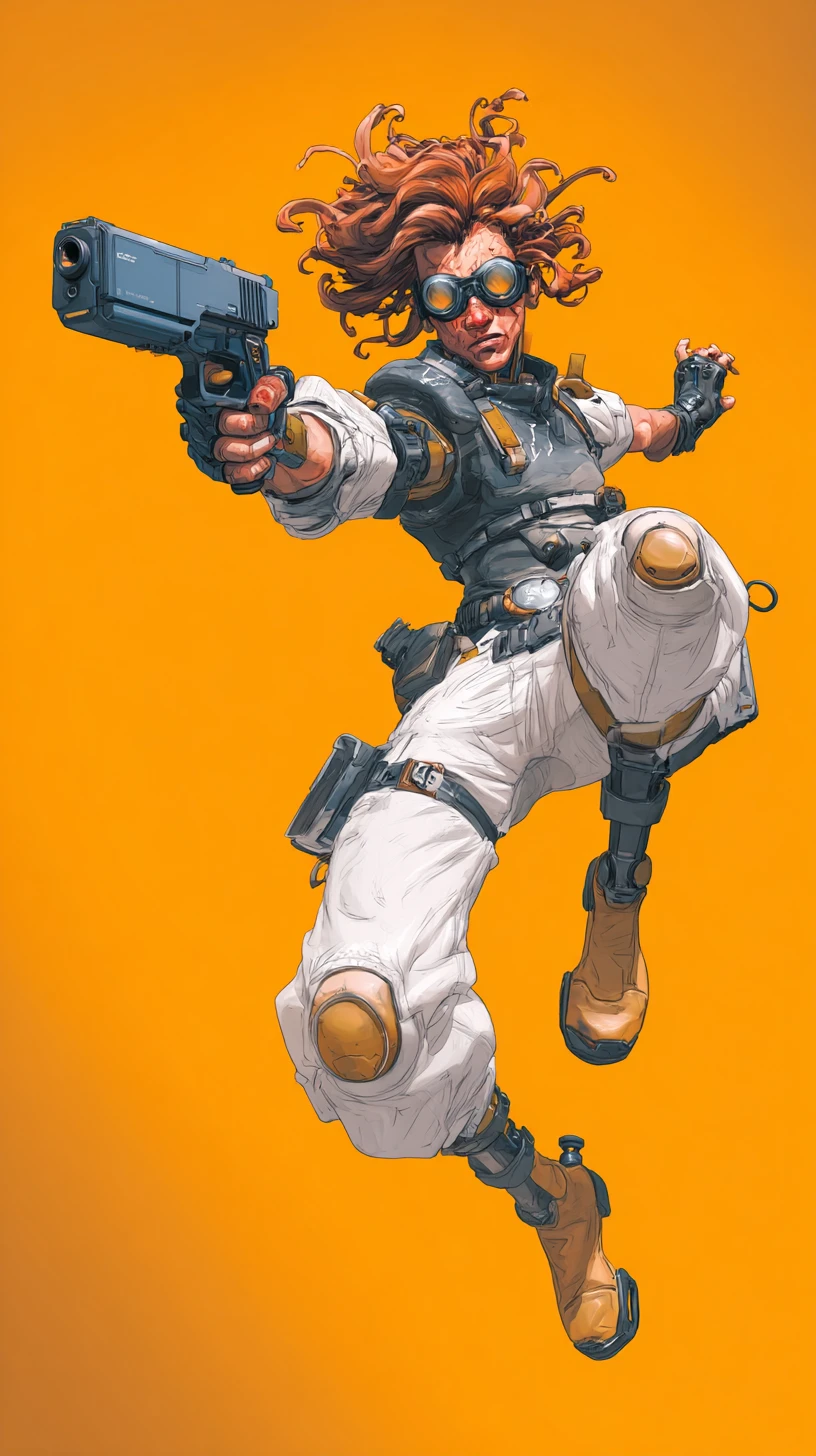 Cyberpunk cyborg aiming a handgun in a dynamic action pose
