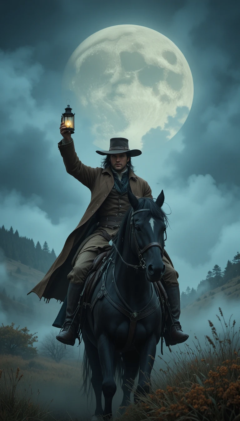 Highwayman On Black Stallion In Moonlit Misty Countryside