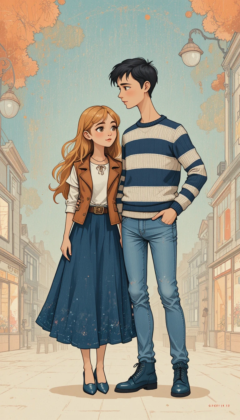 Tall girl and small friend on a whimsical city street