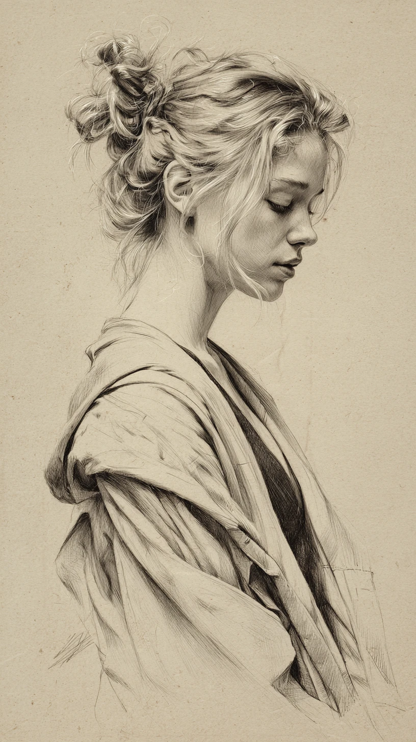 Side profile pencil portrait of a contemplative young woman