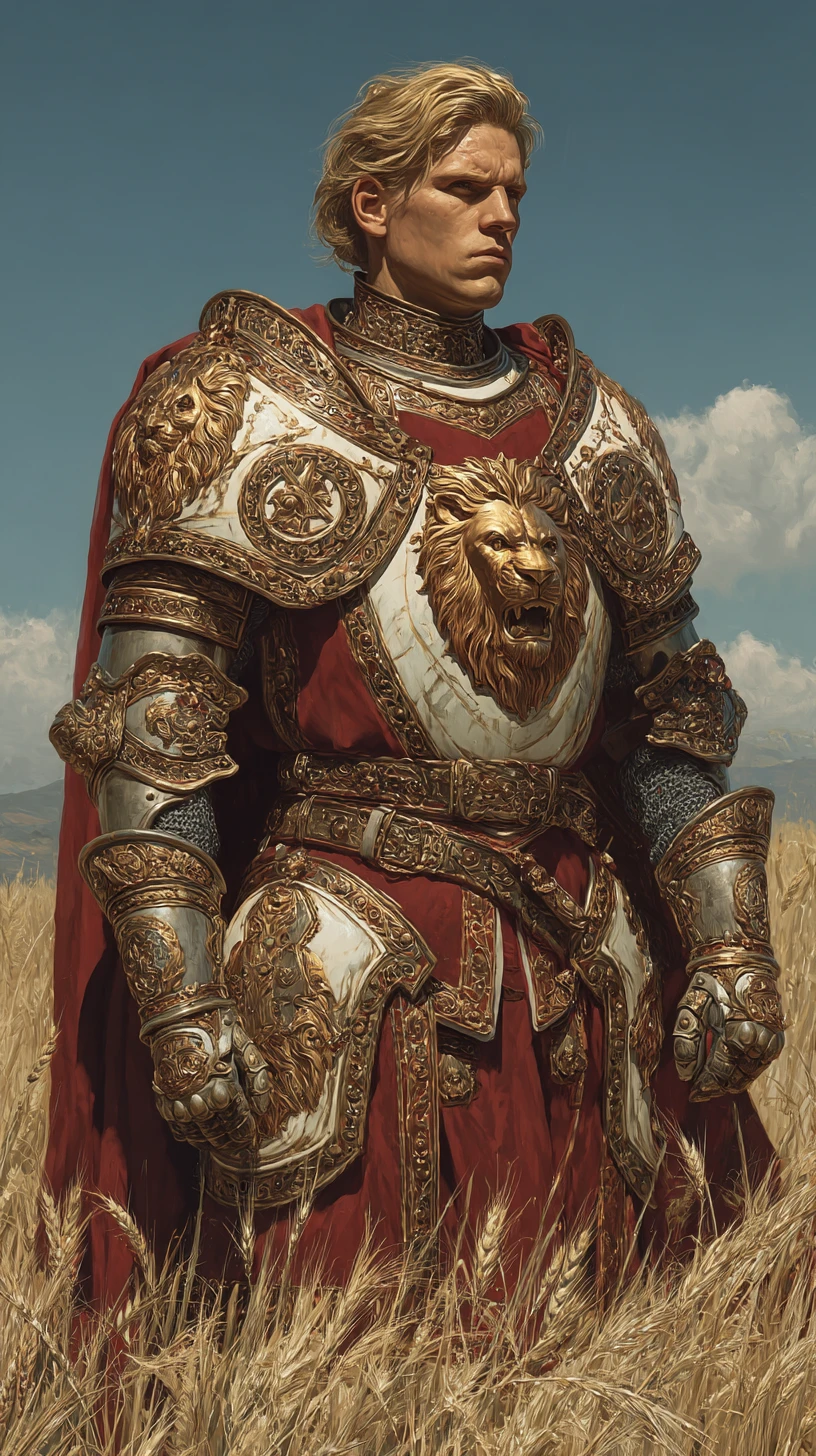 Heroic knight in golden armor in a sunlit wheat field
