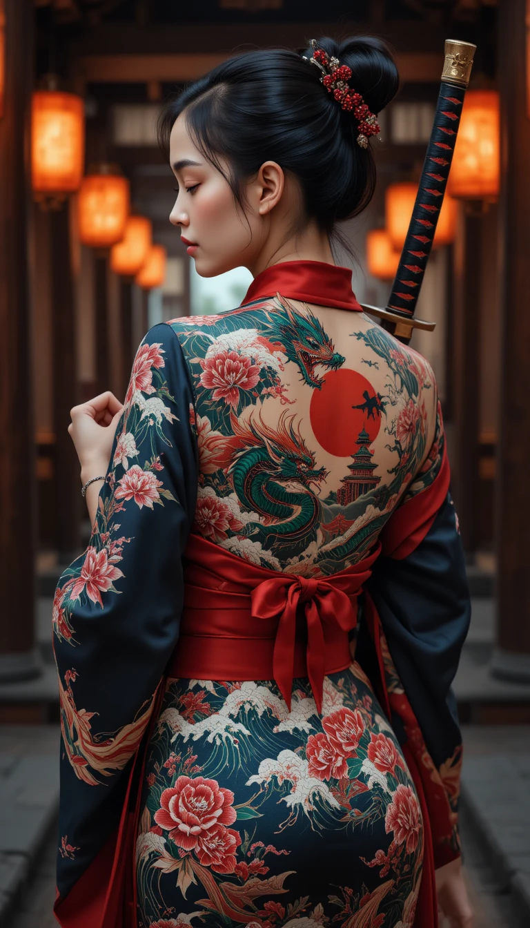 Tattooed warrior woman with katana in temple interior