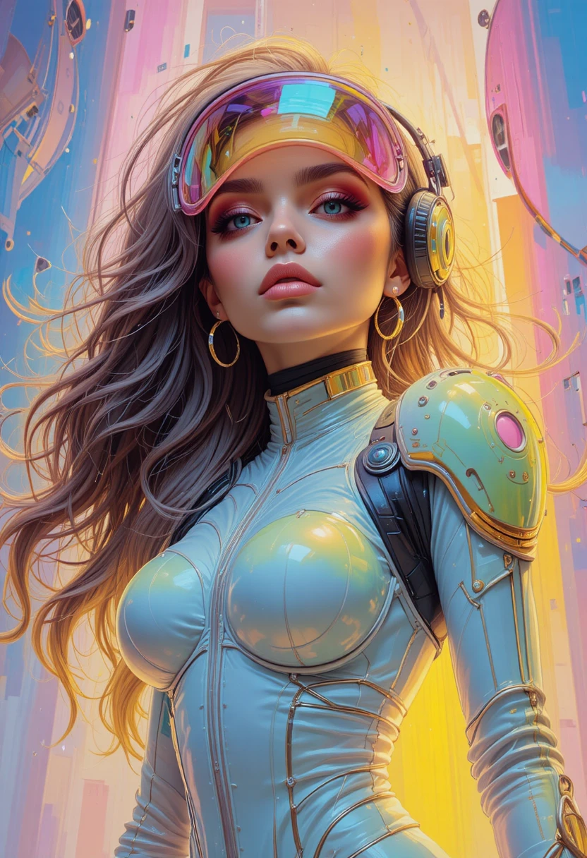 Cheeky sci fi woman in visor and polymer suit