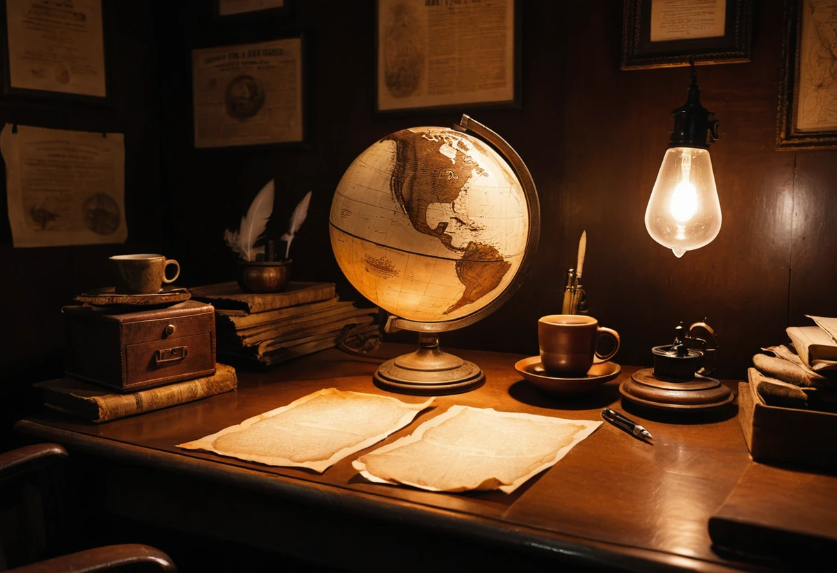 Man in vintage office with desk lamp and coffee mug