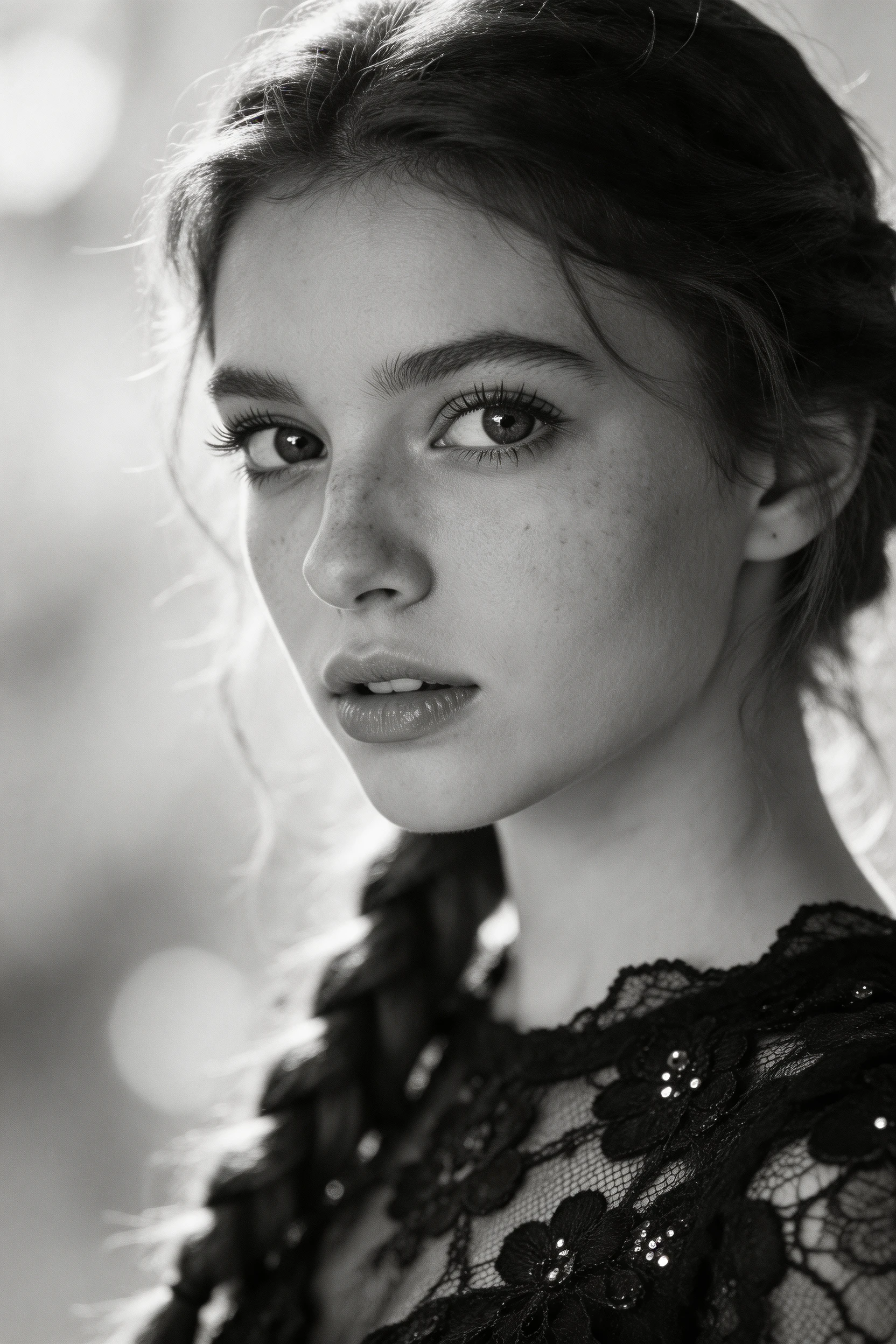 Black and white close up portrait of a young woman