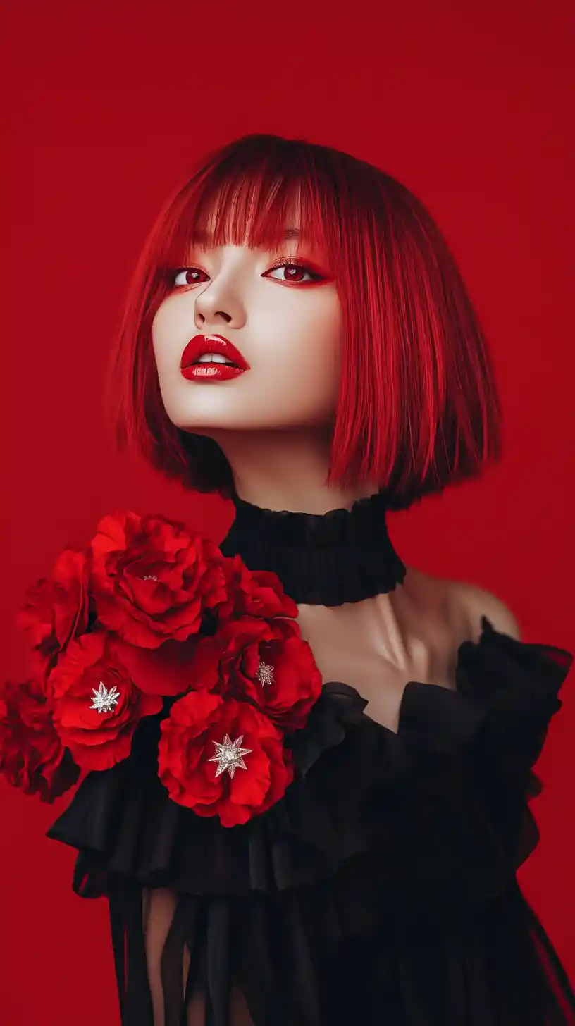 Stylish anime woman in black dress on vivid red background