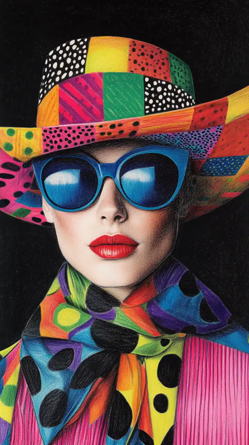 Ritratto di moda colorato con cappello a tesa larga e sciarpa