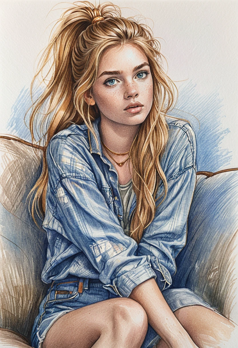Freckled girl in denim relaxing in a cozy armchair