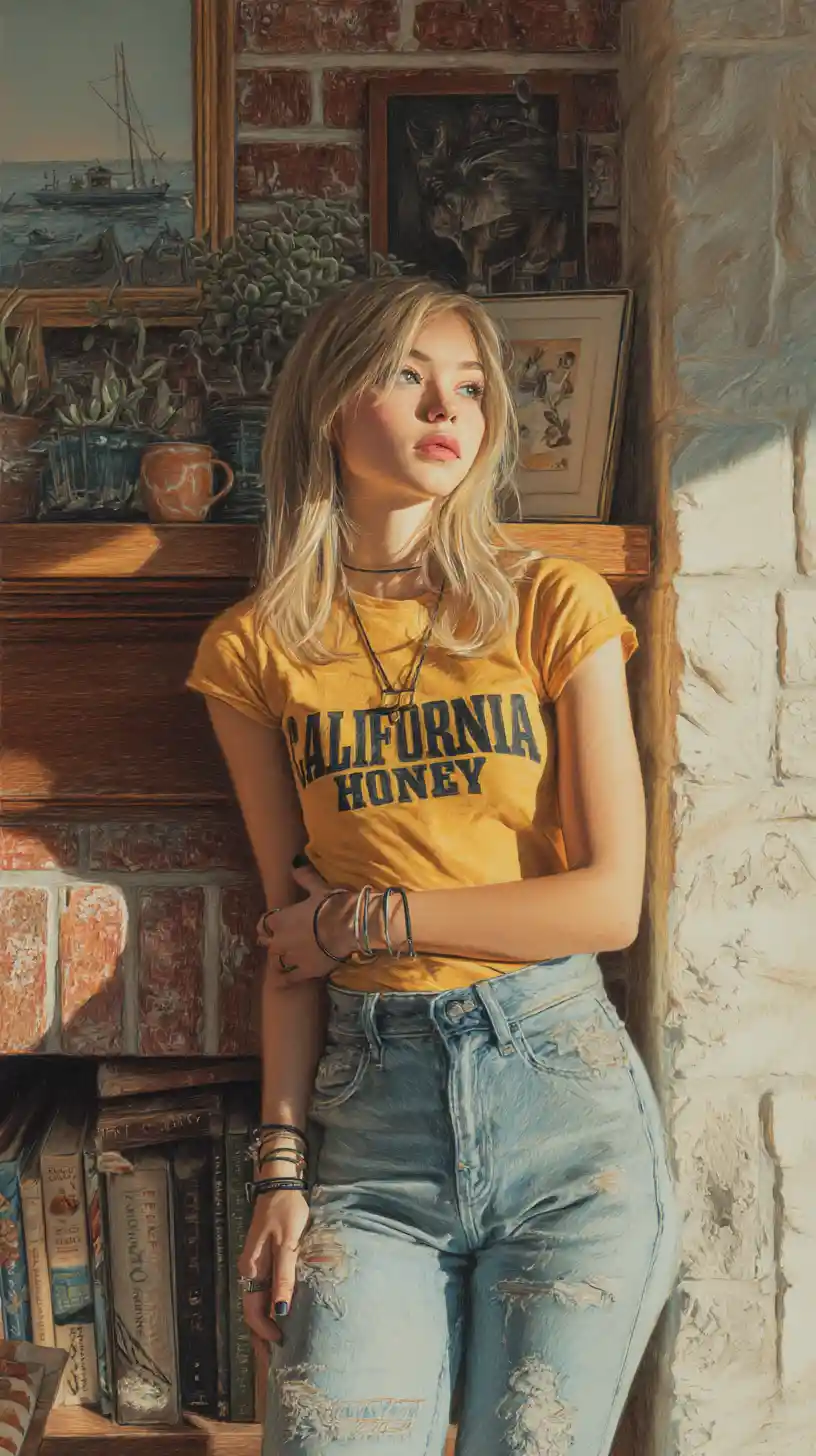 Träumendes blondes Mädchen im gelben Shirt an einem hölzernen Bücherregal